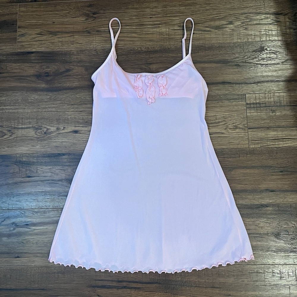 La Senza Mesh Pink Slip Dress Ruffle Sleeveless Lettuce Trim Y2K Coquette Small‎